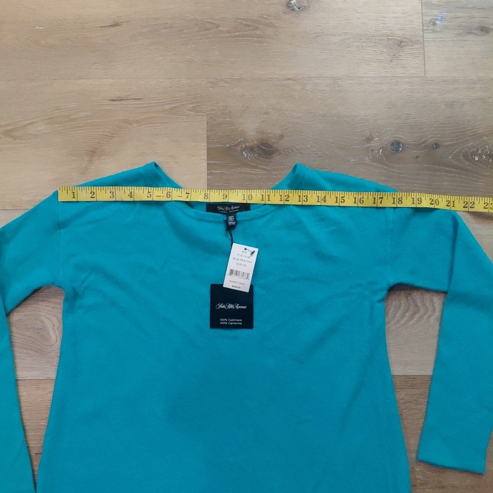 Saks Fifth Avenue Turquoise Long Sleeve Tee Sz Xs 100% Cashmere - Picture 5 of 8